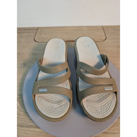 Crocs Sandals Womens 6 Patricia Slip On Slides Beige Open Toe Casual Wedge - Picture 4 of 9